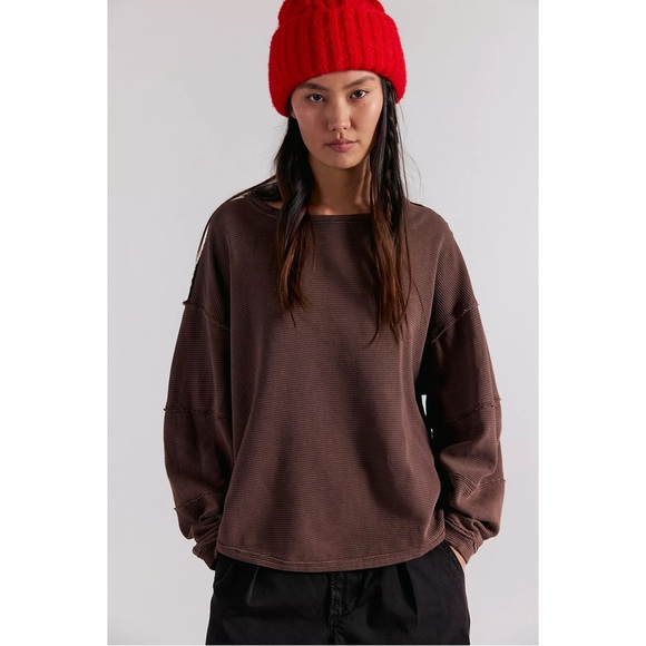 We The Free Tops - Free People We The Free Total Eclipse Long Sleeve Oversized Pullover Tee Brown